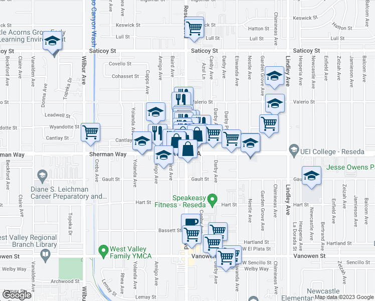 map of restaurants, bars, coffee shops, grocery stores, and more near 7200 Reseda Boulevard in Los Angeles