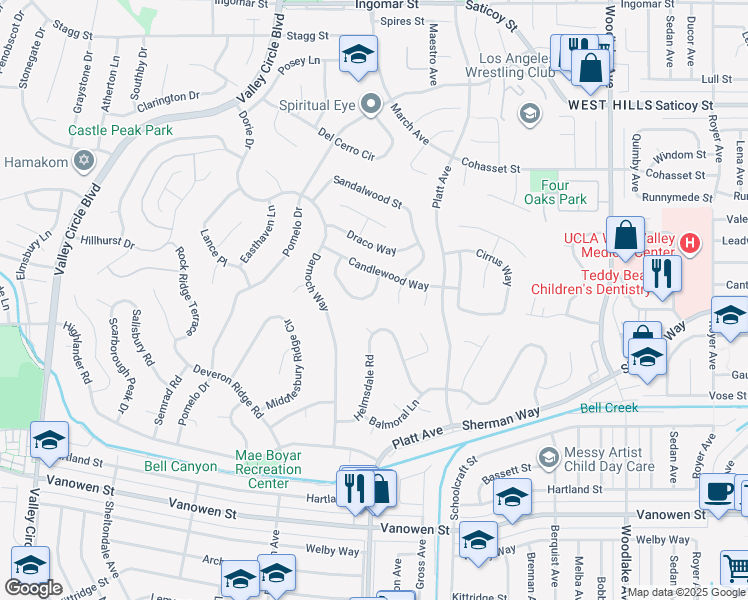 map of restaurants, bars, coffee shops, grocery stores, and more near 7261 Pondera Circle in Los Angeles