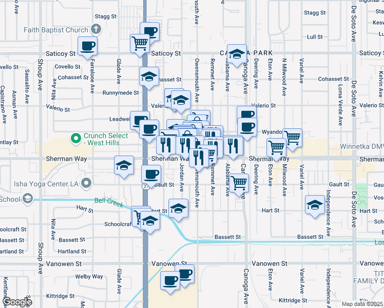map of restaurants, bars, coffee shops, grocery stores, and more near 21709 Sherman Way in Los Angeles