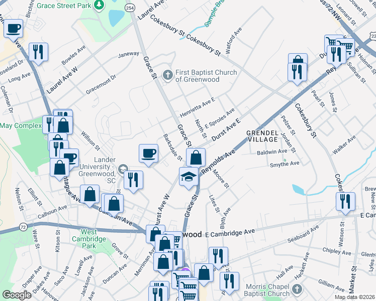 map of restaurants, bars, coffee shops, grocery stores, and more near 445 Grace Street in Greenwood