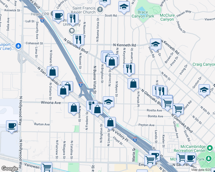 map of restaurants, bars, coffee shops, grocery stores, and more near 2519 North Lincoln Street in Burbank