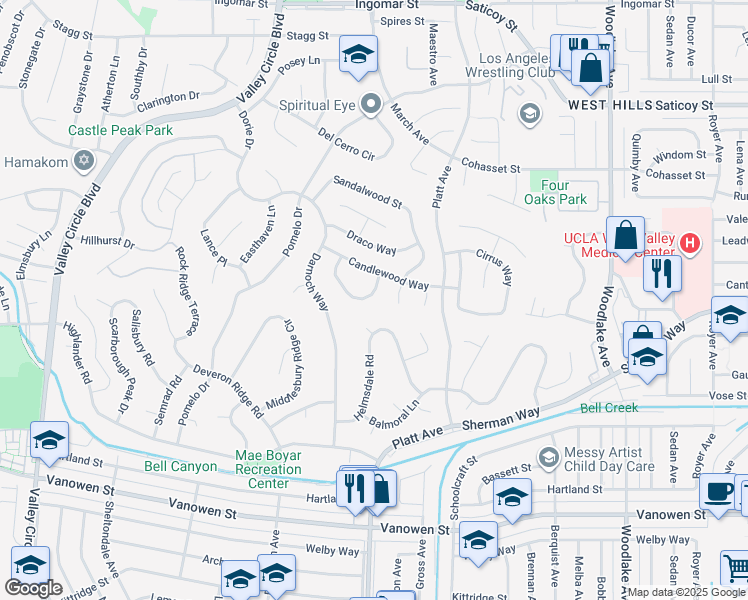 map of restaurants, bars, coffee shops, grocery stores, and more near 7261 Pondera Circle in Los Angeles