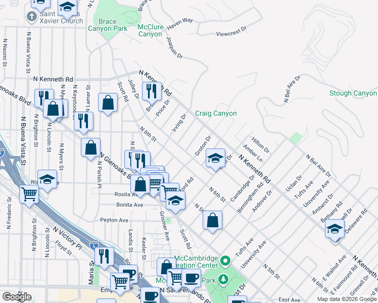 map of restaurants, bars, coffee shops, grocery stores, and more near 620 Stephen Road in Burbank