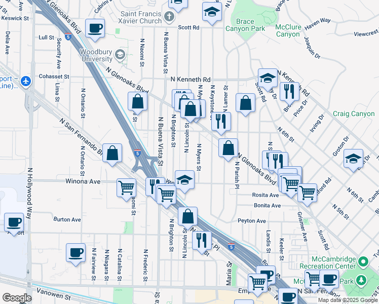 map of restaurants, bars, coffee shops, grocery stores, and more near 2510 North Lincoln Street in Burbank