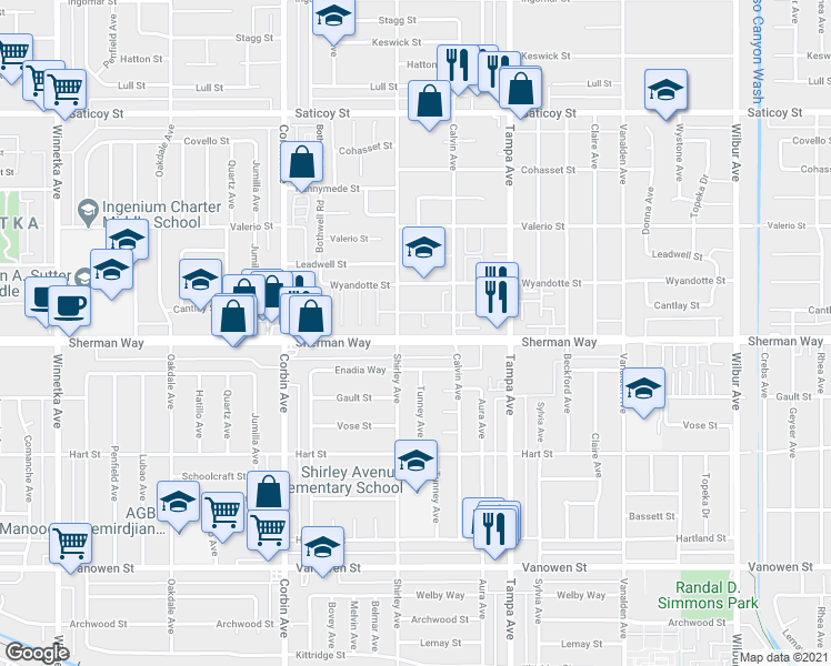 map of restaurants, bars, coffee shops, grocery stores, and more near 501 Sherman Way in Los Angeles