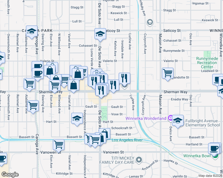 map of restaurants, bars, coffee shops, grocery stores, and more near 20815 Sherman Way in Los Angeles
