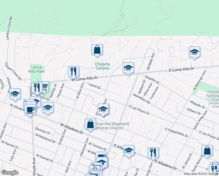 map of restaurants, bars, coffee shops, grocery stores, and more near 3352 Glenrose Avenue in Altadena