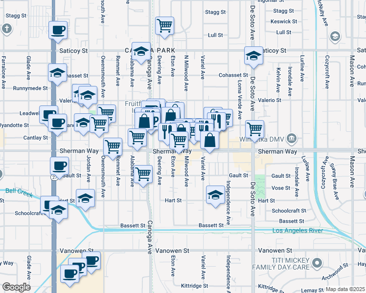 map of restaurants, bars, coffee shops, grocery stores, and more near 21201 Sherman Way in Los Angeles
