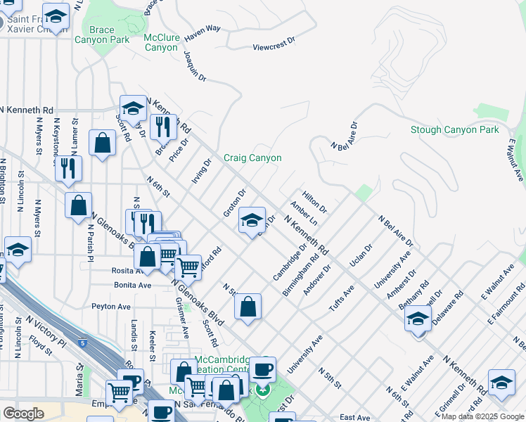map of restaurants, bars, coffee shops, grocery stores, and more near 2018 Richard Street in Burbank
