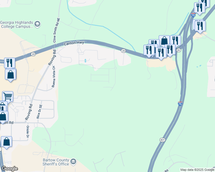 map of restaurants, bars, coffee shops, grocery stores, and more near 314 Skye Lane in Cartersville