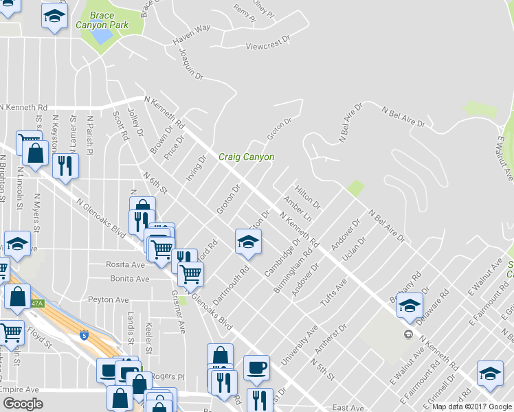 map of restaurants, bars, coffee shops, grocery stores, and more near 2018 Richard Street in Burbank
