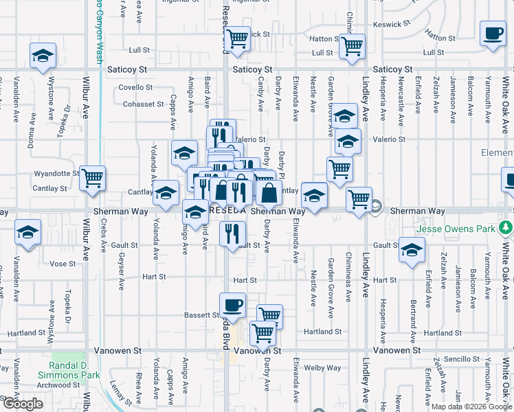 map of restaurants, bars, coffee shops, grocery stores, and more near 18419 Sherman Way in Los Angeles