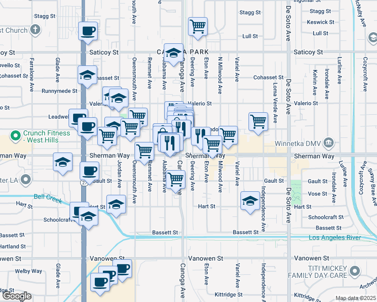 map of restaurants, bars, coffee shops, grocery stores, and more near 7212 Canoga Avenue in Los Angeles