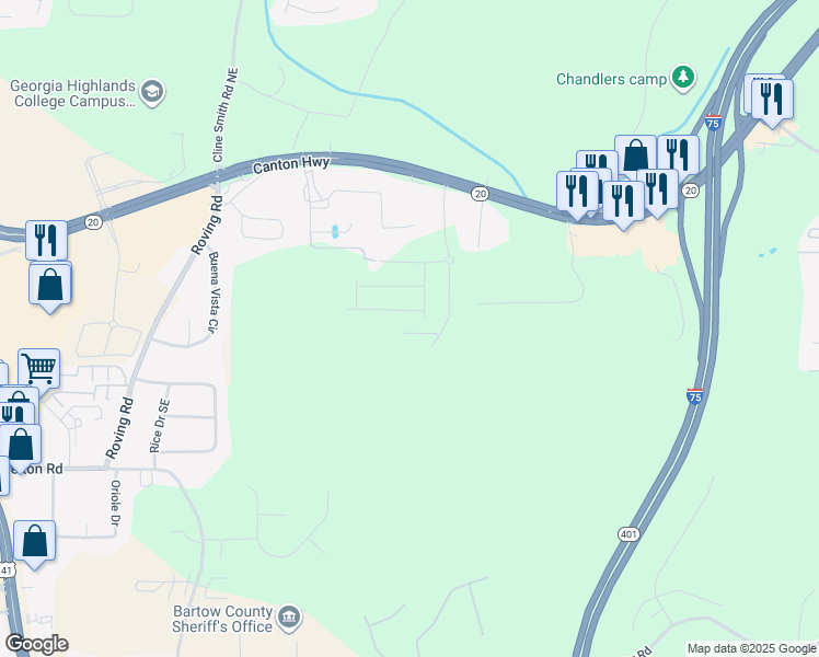 map of restaurants, bars, coffee shops, grocery stores, and more near 30 Backus Road Southeast in Cartersville