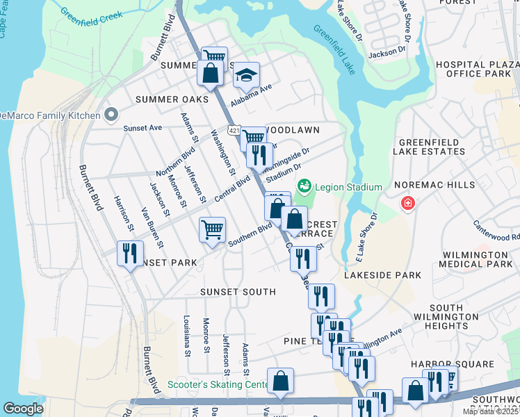 map of restaurants, bars, coffee shops, grocery stores, and more near 2133-2171 Carolina Beach Road in Wilmington