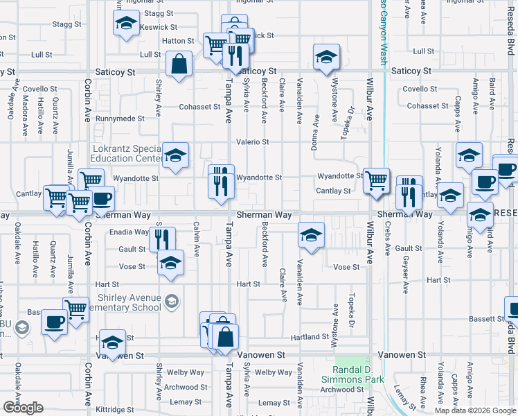 map of restaurants, bars, coffee shops, grocery stores, and more near 19221 Sherman Way in Los Angeles