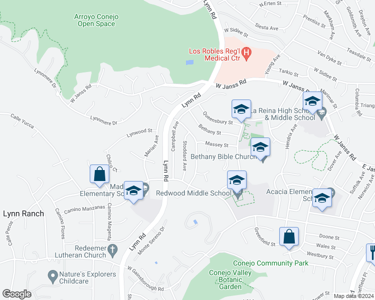 map of restaurants, bars, coffee shops, grocery stores, and more near 1676 Stoddard Avenue in Thousand Oaks