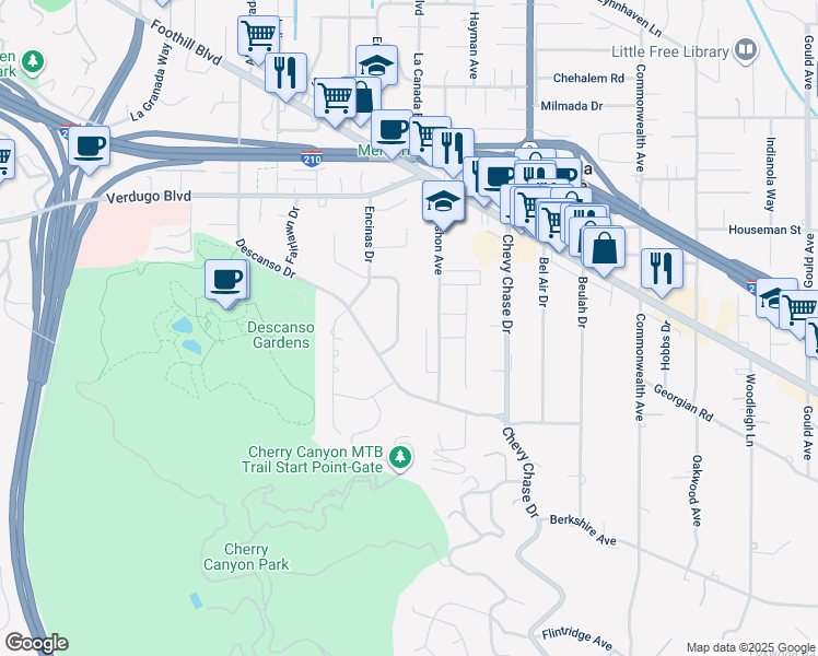 map of restaurants, bars, coffee shops, grocery stores, and more near 4385 Cobblestone Lane in La Cañada Flintridge