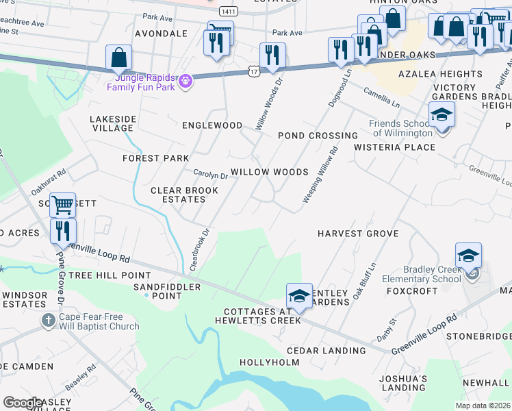 map of restaurants, bars, coffee shops, grocery stores, and more near 5602 Hillwood Street in Wilmington
