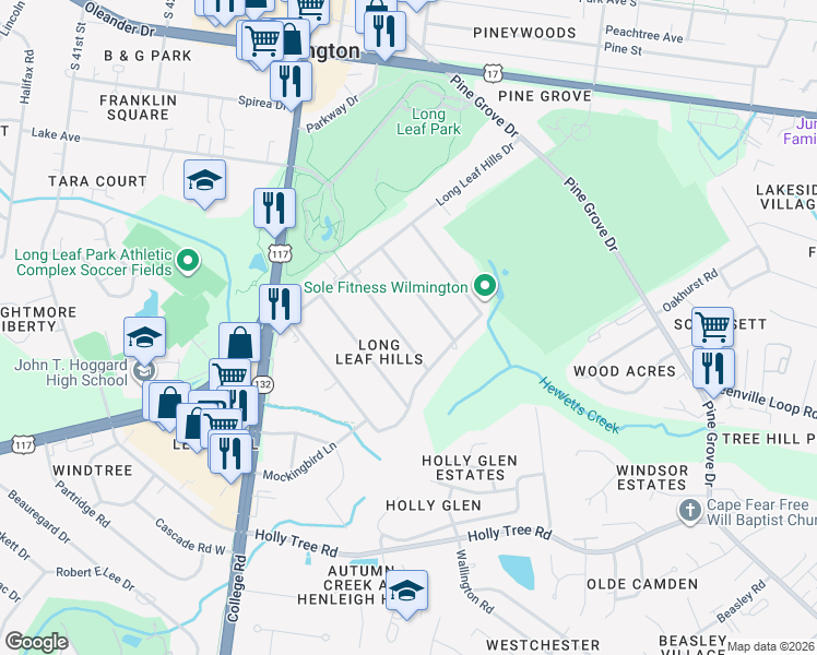 map of restaurants, bars, coffee shops, grocery stores, and more near 127 Ridgeway Drive in Wilmington