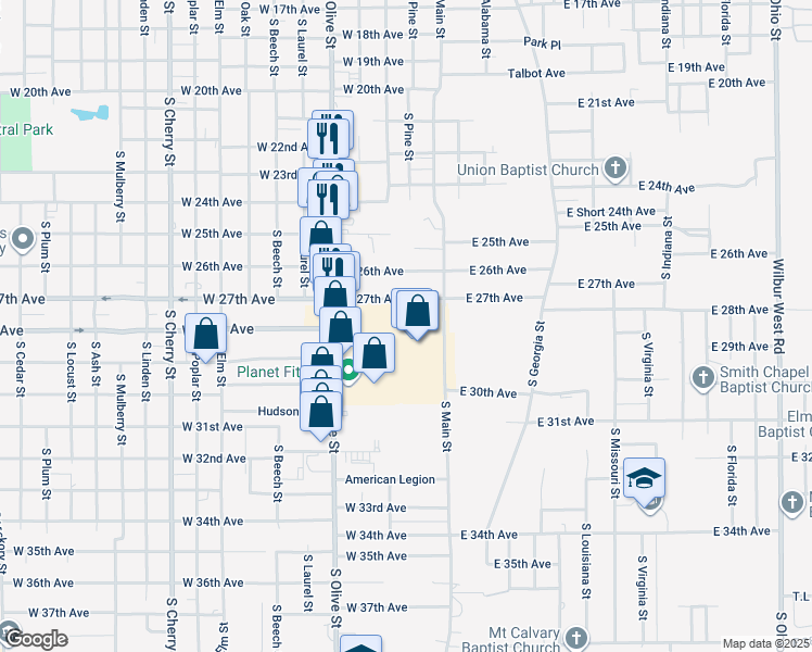 map of restaurants, bars, coffee shops, grocery stores, and more near 2801 South Olive Street in Pine Bluff