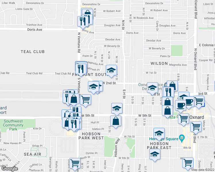 map of restaurants, bars, coffee shops, grocery stores, and more near 1100 West 2nd Street in Oxnard