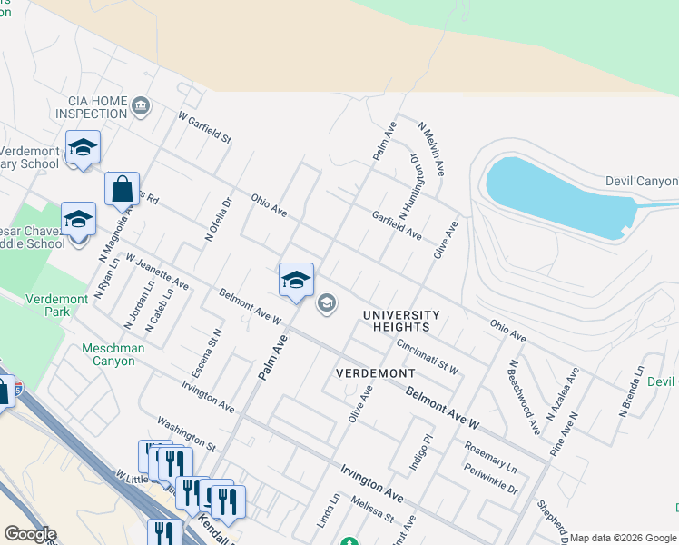 map of restaurants, bars, coffee shops, grocery stores, and more near 6627 North Windsong Court in San Bernardino