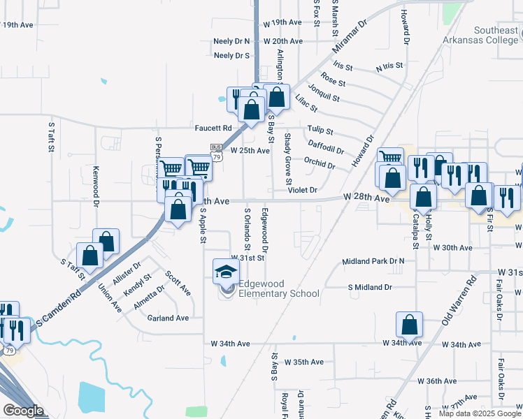map of restaurants, bars, coffee shops, grocery stores, and more near 2802 Edgewood Drive in Pine Bluff