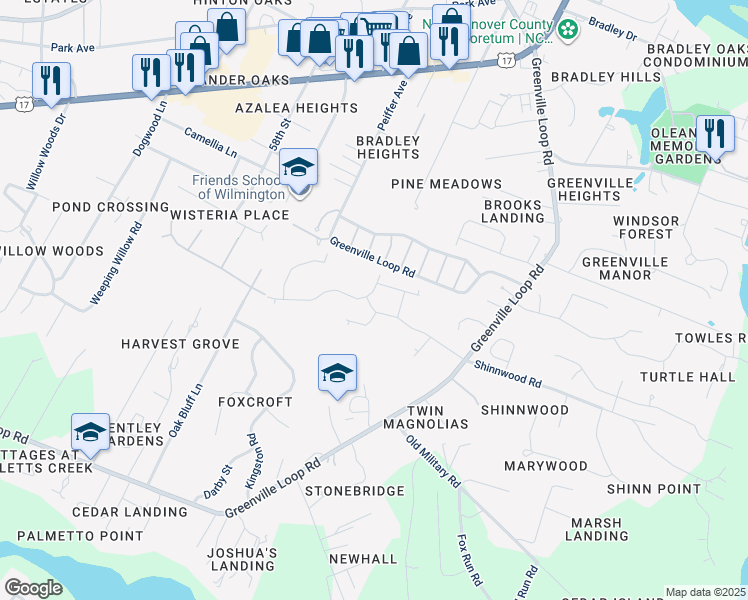 map of restaurants, bars, coffee shops, grocery stores, and more near 6001 Shinnwood Road in Wilmington