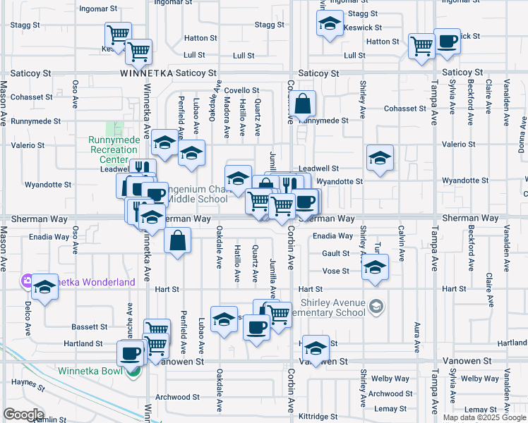 map of restaurants, bars, coffee shops, grocery stores, and more near 19763 Sherman Way in Los Angeles