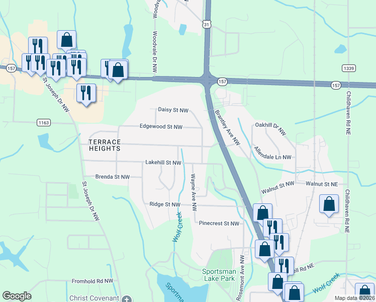map of restaurants, bars, coffee shops, grocery stores, and more near 1606 Woodland Street Northwest in Cullman