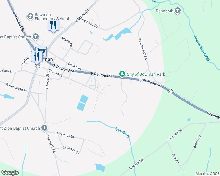 map of restaurants, bars, coffee shops, grocery stores, and more near 346 Bowers Street in Bowman