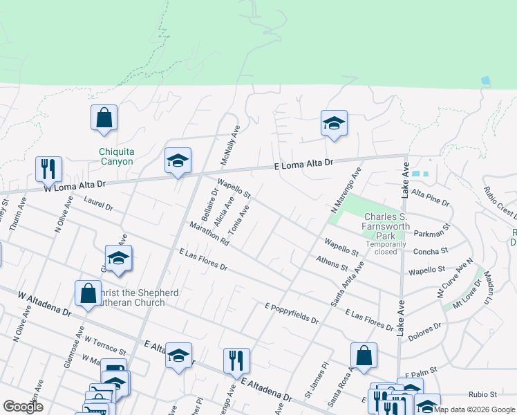 map of restaurants, bars, coffee shops, grocery stores, and more near 192 Wapello Street in Altadena