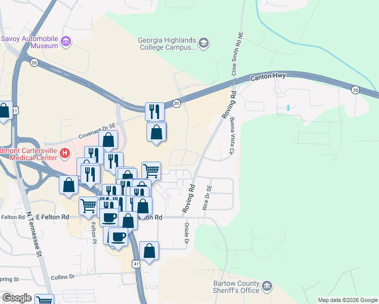 map of restaurants, bars, coffee shops, grocery stores, and more near 16 Roving Road in Cartersville
