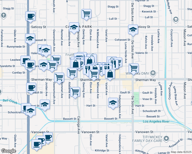 map of restaurants, bars, coffee shops, grocery stores, and more near 21201 Sherman Way in Los Angeles