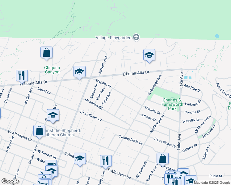 map of restaurants, bars, coffee shops, grocery stores, and more near 192 Wapello Street in Altadena