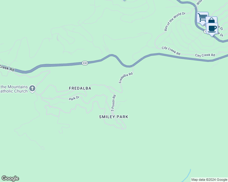 map of restaurants, bars, coffee shops, grocery stores, and more near 41 Fredalba Road in Running Springs