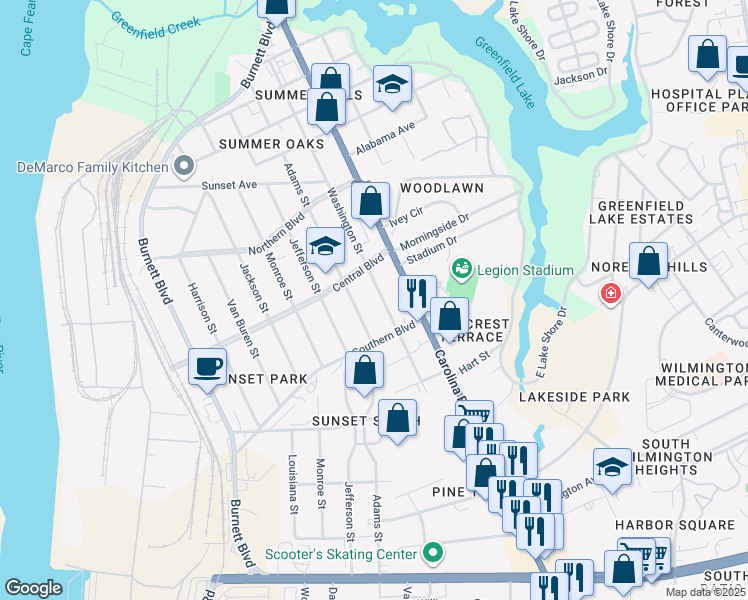 map of restaurants, bars, coffee shops, grocery stores, and more near 2134 Washington Street in Wilmington