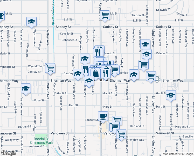 map of restaurants, bars, coffee shops, grocery stores, and more near 18515 Sherman Way in Los Angeles