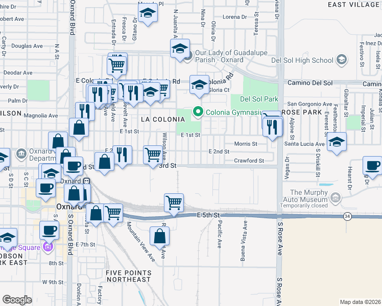 map of restaurants, bars, coffee shops, grocery stores, and more near 204 Lupita Street in Oxnard