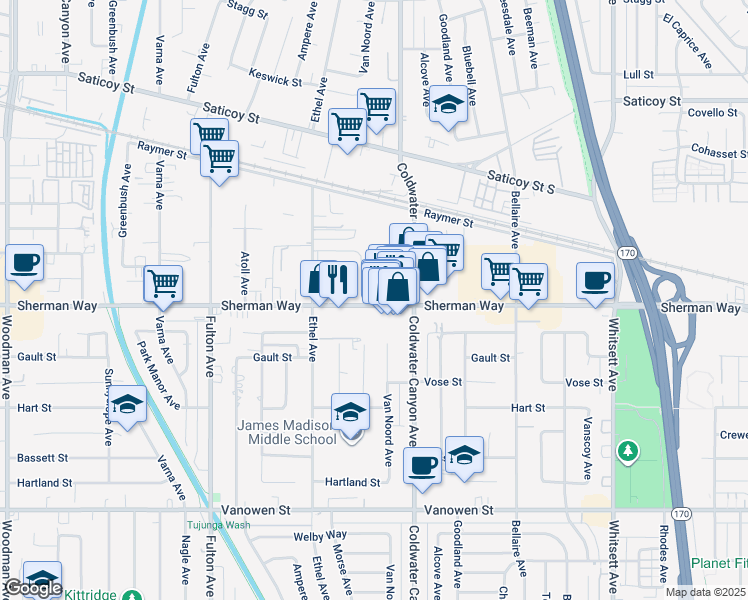 map of restaurants, bars, coffee shops, grocery stores, and more near 12959 Sherman Way in Los Angeles