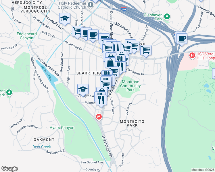 map of restaurants, bars, coffee shops, grocery stores, and more near 3441 Ocean View Boulevard in Glendale