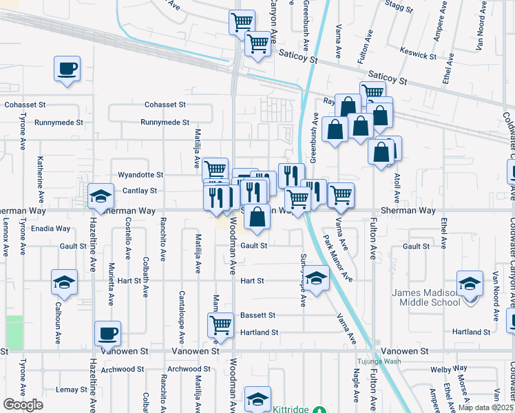 map of restaurants, bars, coffee shops, grocery stores, and more near 13613 Sherman Way in Los Angeles