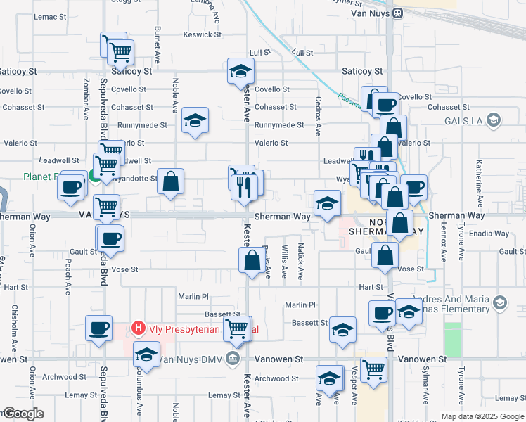 map of restaurants, bars, coffee shops, grocery stores, and more near 14839 Sherman Way in Los Angeles