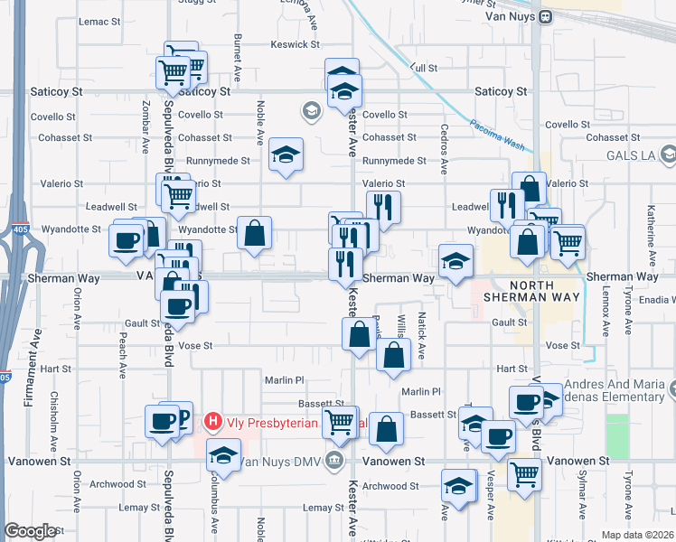 map of restaurants, bars, coffee shops, grocery stores, and more near in Los Angeles