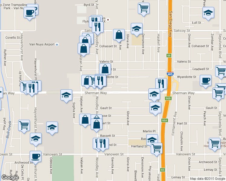 map of restaurants, bars, coffee shops, grocery stores, and more near 16015 Sherman Way in Los Angeles