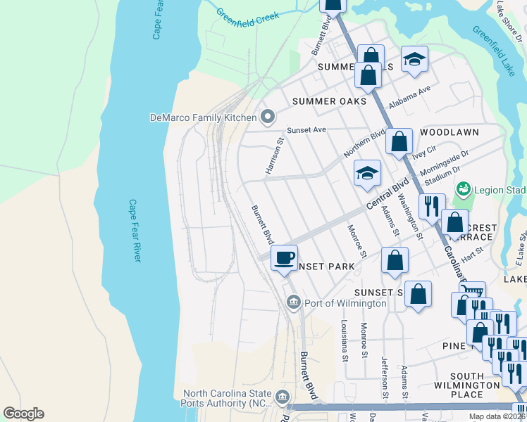 map of restaurants, bars, coffee shops, grocery stores, and more near 2041 Burnett Boulevard in Wilmington