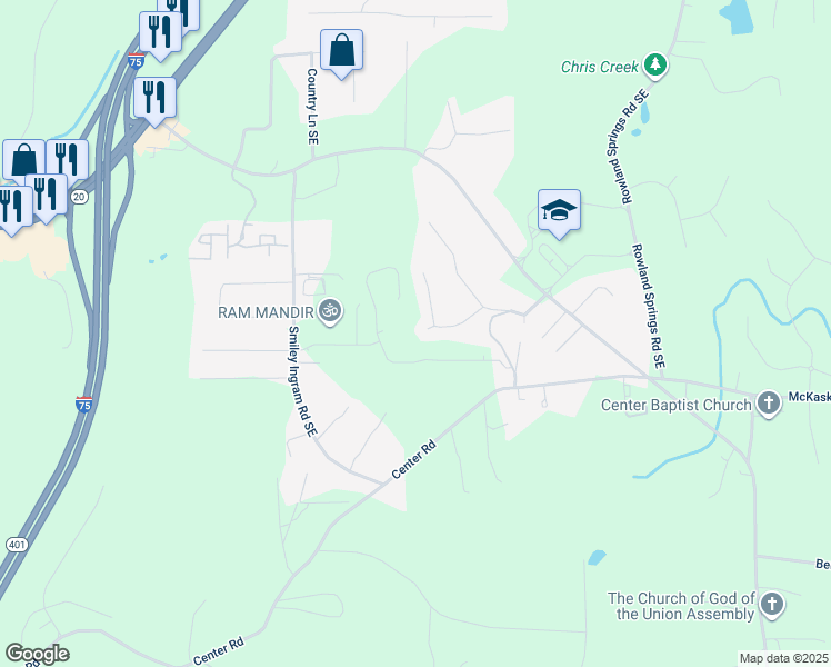 map of restaurants, bars, coffee shops, grocery stores, and more near 25 West Ridge Drive Southeast in Cartersville