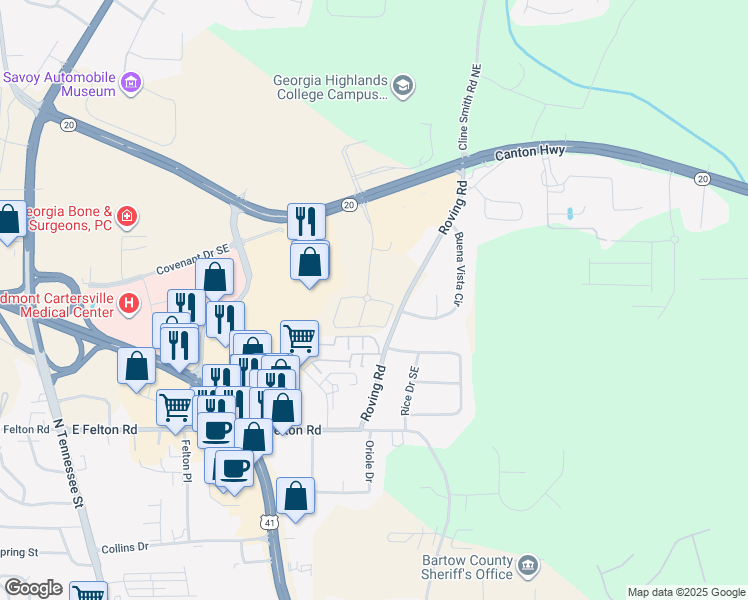 map of restaurants, bars, coffee shops, grocery stores, and more near 16 Roving Road in Cartersville