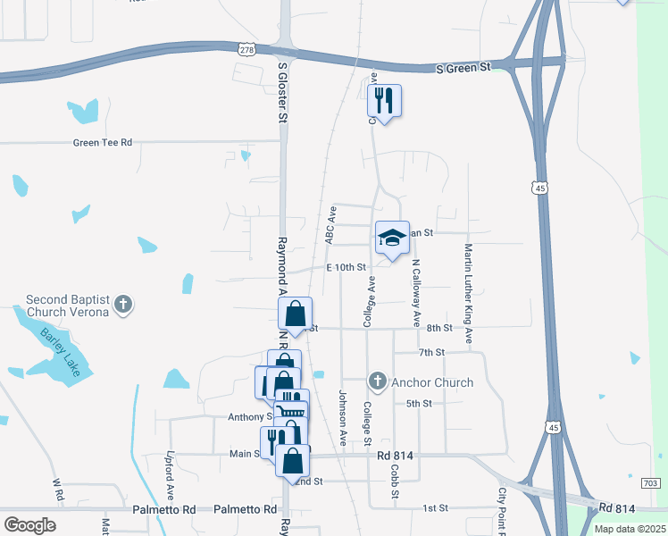 map of restaurants, bars, coffee shops, grocery stores, and more near 148-162 East 10th Street in Tupelo